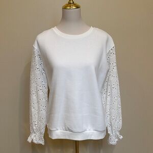 Skies Are Blue White Preppy Eyelet Sleeve Sweatshirt